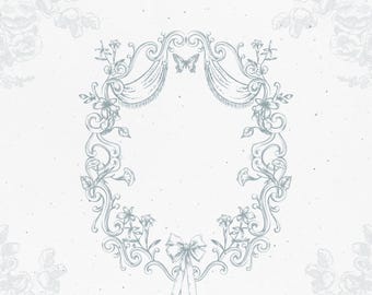 Peut inclure: Un cadre floral ovale bleu clair, orné d'un papillon et d'un nœud. Le cadre est entouré de motifs floraux sur fond blanc. Le design a une esthétique vintage et dessinée à la main.