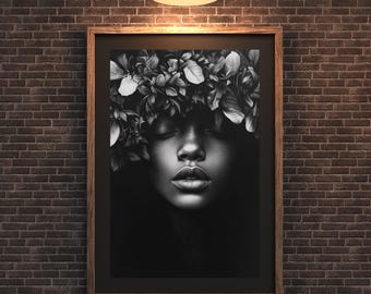 Moody Charcoal Woman Portrait – Black & White Floral Fine Art Print – Feminine Beauty Digital Wall Decor