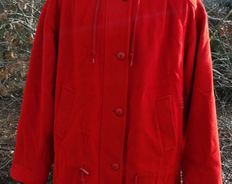 Miss New Yorker Lovely Womens Vintage 1970s 80s Bright Red Wool Button Closed Hooded Jacket 45in Chest &quot;Little Red Riding Hood Style&quot;