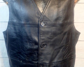 Pelle Studio Vintage Wilsons Leather Button Front Vest Biker Sleeveless Lined Waistcoat | Fits Men's Medium | Womens L  | 44" Chest