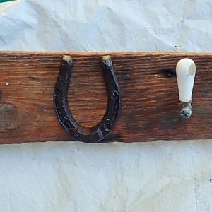 Wooden Coat Rack with Vintage Porcelain Glass Knob Handles & Antique Horseshoe, On a Old Repurposed Oak Board