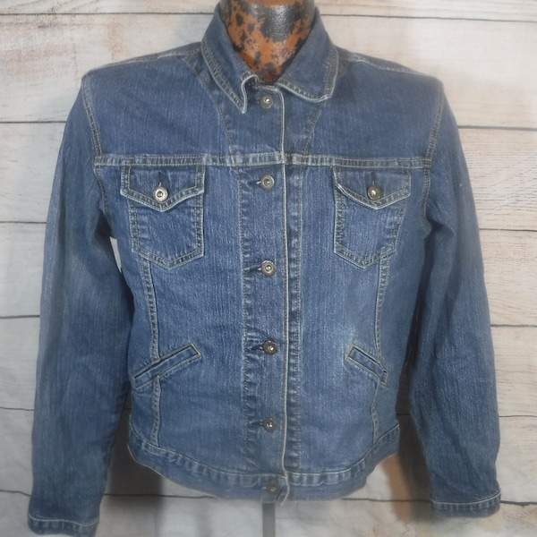 Levis Strauss Signature Button Up Blue Stretch Denim 4-Pockets Girls Classic Trucker Styled denim Jacket sz L 12-14