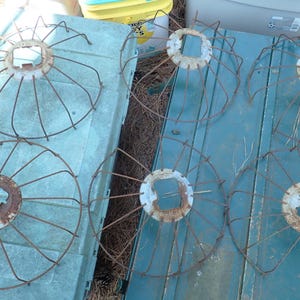 Puede incluir: Colección de seis protectores de ventilador circulares de metal oxidado. Los protectores, hechos de alambre, tienen un cubo central. Están dispuestos sobre una superficie de color turquesa, lo que sugiere un tema vintage o industrial. El metal muestra signos de edad y desgaste.