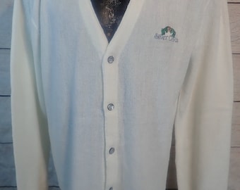 Vintage 80s Izod Lacoste White Men&#39;s Orlon Acrylic Knit Pullover Cardigan Sweater sz Large | Silver Oak Leaf Acorn | 47in Chest | USA Made