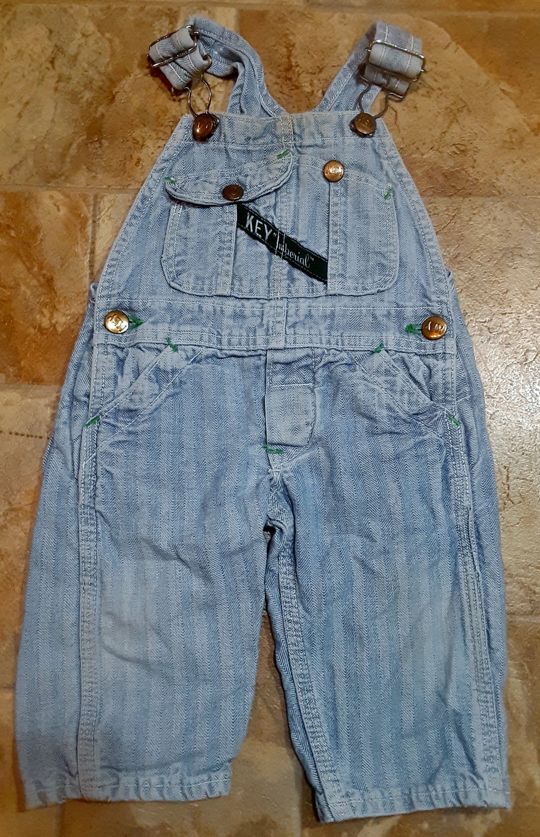 Vintage Key Imperial Blue Herringbone Striped Bib Overalls Size 2T Kids