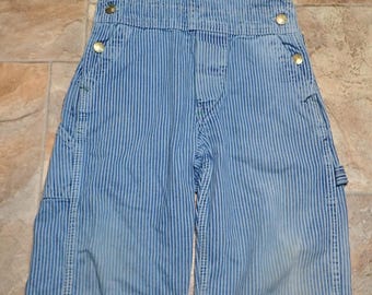 Vintage Big Smith USA Hickory Striped Bib Overall Size 4 (24X13) Toddler Kids Baby Railroad Train Made in USA Green Dyed (ETKO 022)