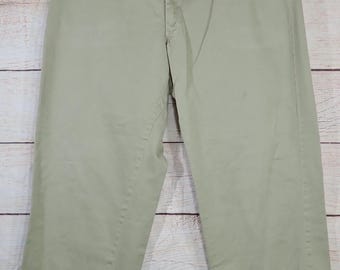 Vintage 1940s 50s Pool's Swetpruf Khaki Distressed Sanforized Cramerton Army Cloth Cuffed Leg Trouser Chino Pants 32X26 Made in USA