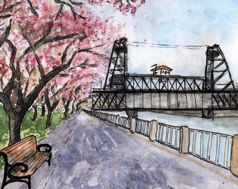 Portland Oregon Cherry Blossoms Watercolor Painting | Print from Original Artwork 5x7