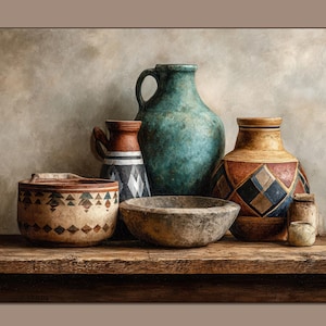 May include: Still life of various ceramic vessels, including a large turquoise vase with a handle, a small bowl, and several jars. The pottery is decorated with geometric patterns and sits on a wooden surface.