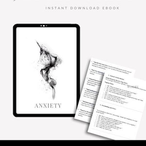 Puede incluir: Una ilustración digital en blanco y negro de humo con la palabra "Ansiedad" impresa debajo. Una página de texto con el título "29 EFT Tapping Scripts" es visible en el fondo.