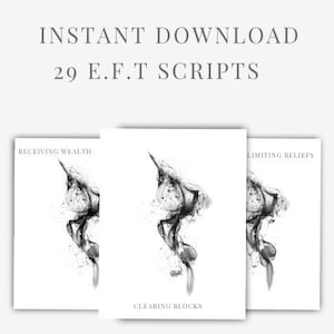 May include: Three black and white images with abstract smoke-like designs. The images are titled "Receiving Wealth", "Clearing Blocks", and "Limiting Beliefs".