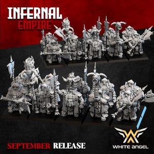 May include: A selection of grey miniature figurines, possibly for tabletop gaming, depicting dwarf-like characters. The figures are mounted on black bases. The image includes the text "INFERNAL EMPIRE" and "SEPTEMBER RELEASE". The White Angel logo is also visible.