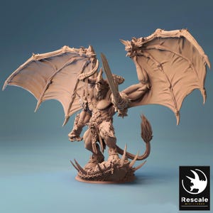 May include: A detailed, unpainted miniature figure of a winged demon with a sword. The figure has horns, a muscular physique, and a tail. The wings are spread wide. The figure is standing on a rocky base. The Rescale Miniatures logo is in the bottom right corner.