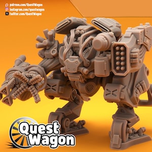 May include: A detailed grey model of a bipedal mech with various weapon systems. The model features intricate mechanical details, including missile launchers, cannons, and articulated limbs. The "Quest Wagon" logo is visible at the bottom.