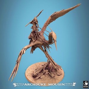 May include: A detailed brown sculpture of a bird with outstretched wings, carrying a figure with a spear. The sculpture is mounted on a circular base. Text at the bottom reads "THE TALE OF ARCHDUKE MOUSIN VOLUME III".