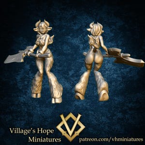 May include: A 3D-rendered figurine of a female satyr, holding a large axe. The figure has horns, a furry lower body, and is in a dynamic pose. The Village's Hope Miniatures logo and a Patreon link are at the bottom.
