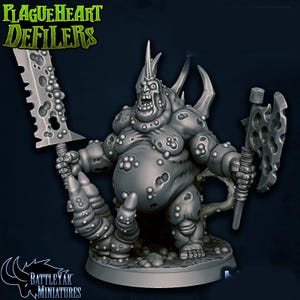 May include: A gray miniature figure of a grotesque creature, holding a large, serrated sword and a perforated axe. The figure has multiple horns and boils. The text "PLAGUEHEART DEFILERS" is at the top, and "BATTLEyAK MINIATURES" is at the bottom.