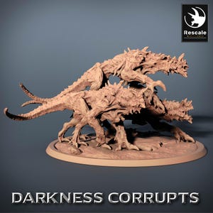 May include: A detailed, brown miniature sculpture of three monstrous creatures with sharp claws and spiky features. The base reads "DARKNESS CORRUPTS". The Rescale Miniatures logo is in the upper right corner.