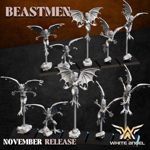 May include: A collection of miniature Beastmen figures with bat-like wings, posed on stands. The figures are in various positions, some standing and others in flight. The text "BEASTMEN" and "NOVEMBER RELEASE" are visible at the top and bottom of the image.