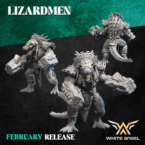 May include: Three gray Lizardmen figurines with detailed armor and reptilian features are displayed. The text "LIZARDMEN" and "FEBRUARY RELEASE" are visible. The White Angel logo is also present.