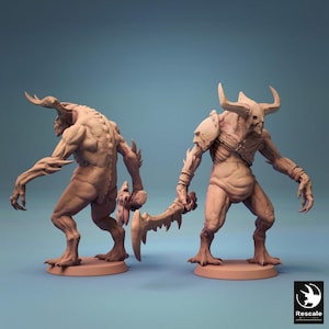 May include: Two beige demon figurines with horns, claws, and muscular physiques. One holds a jagged blade. The figures stand on circular bases against a blue background. The figures are detailed and appear to be 3D printed.