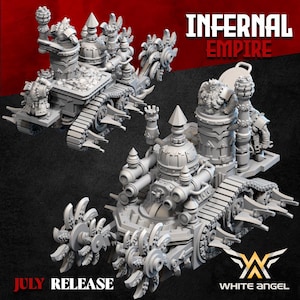 May include: Two detailed, grey miniature models of a futuristic war machine with spiked wheels and multiple turrets. The text "INFERNAL EMPIRE" is displayed in white, along with "JULY RELEASE" and a logo. The models are likely for tabletop gaming.