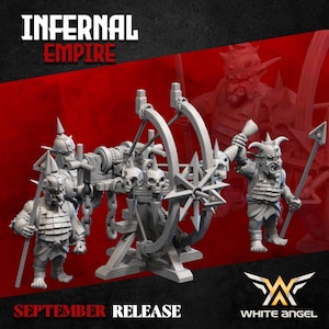 Puede incluir: Imagen promocional de la línea de productos "Infernal Empire", con figuras en miniatura y un arma de asedio. Las figuras son grises, con cascos con cuernos y armaduras. El arma de asedio tiene un motivo de calavera. El texto "September Release" es visible.