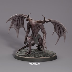 May include: A detailed figurine of a demonic creature with large, veined wings, horns, and a muscular physique. The figure is kneeling on a textured base, with the word "WALK" printed at the bottom. The color palette is primarily muted tones of grey and brown.