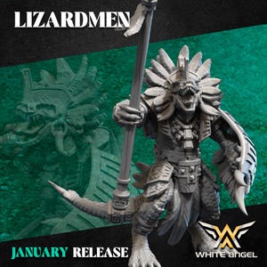 May include: A grey Lizardmen figurine with a spear and shield, showcasing detailed craftsmanship. The figurine has a reptilian head with a feathered headdress and is in a dynamic pose. The text "LIZARDMEN" and "JANUARY RELEASE" are displayed.