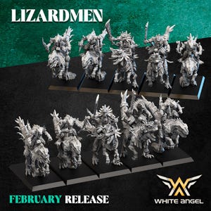 May include: A collection of detailed, gray Lizardmen miniatures on black bases. The miniatures depict armored warriors riding reptilian creatures, with swords and other weapons. The text "LIZARDMEN" and "FEBRUARY RELEASE" are displayed.