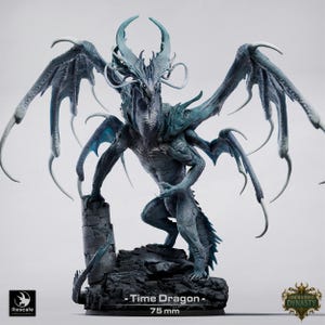 May include: A detailed, blue-grey dragon figurine with large wings and sharp claws. The dragon is posed on a rocky base, with the text "Time Dragon - 75 mm" at the bottom. The figurine is part of the "Unchained Dynasty" collection.