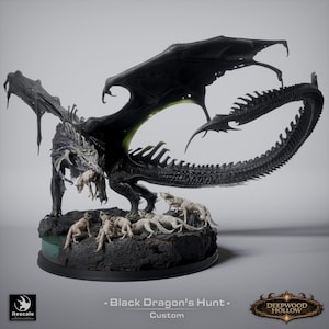 May include: A detailed black dragon sculpture with large wings and a long tail, posed over a base with several wolf figures. The dragon's wings have a green accent. The base has the text "Black Dragon's Hunt - Custom".