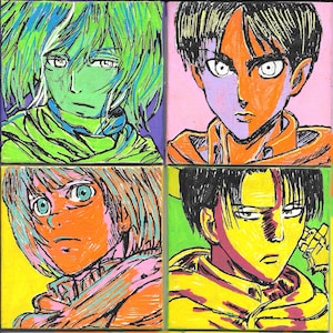 Puede incluir: Una obra de arte de cuatro paneles con retratos estilizados de personajes de anime. Cada panel muestra un personaje diferente con colores llamativos y contrastantes como verde, naranja, amarillo y morado. La obra tiene una estética pop art.