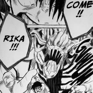 Puede incluir: Ilustración en blanco y negro de estilo manga de un monstruo con dientes afilados y un personaje humano con cabello negro. El monstruo dice "COME!!" y el personaje humano dice "RIKA!!!".
