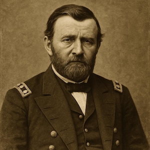 May include: A black and white portrait of a man with a beard wearing a dark suit with gold buttons and a bow tie.