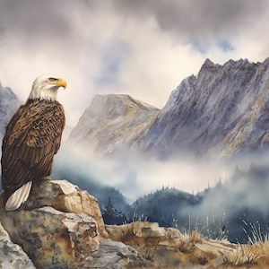 Bald Eagle & Mountain Watercolor Art Print – Majestic Nature Digital Download, American Wildlife Wall Decor, Misty Forest Poster