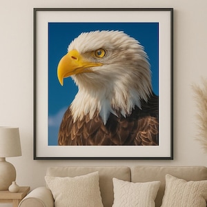 Águila calva de cerca, descarga digital: arte mural patriótico de vida silvestre, símbolo estadounidense imprimible, decoración majestuosa de aves