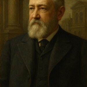 May include: A portrait of a distinguished older man with a white beard and hair, wearing a dark suit and vest. The painting has a classical style, with soft lighting and a neutral background.