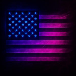 Neon American Flag Art Print – Glowing USA Flag Digital Download, Modern Patriotic Wall Decor, Vibrant LED Style Poster, Dark Synth Flag