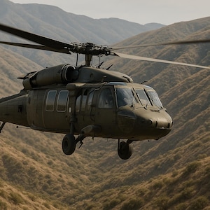 Black Hawk Helicopter Over Mountains Art Print – Military Aircraft Digital Download, UH-60 Aviation Wall Decor, Tactical Army Poster