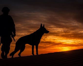 Impresión artística de silueta de K9 militar al atardecer: Tributo al héroe (Descarga digital)