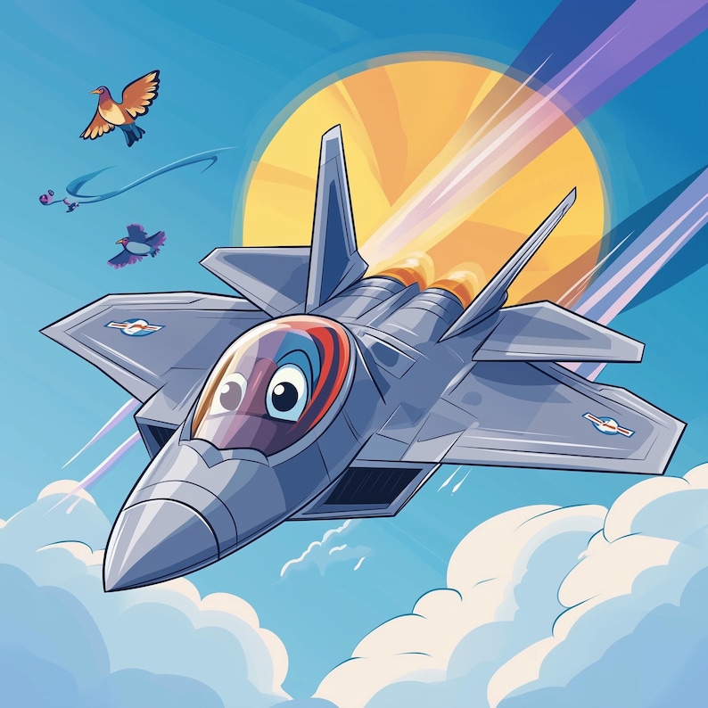 Cartoon F-22 Raptor Print – Kids Aviation Art, Military Plane Decor ...