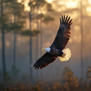 Descarga digital de una majestuosa águila calva al amanecer: arte mural de vida silvestre estadounidense, impresión de aves patrióticas, decoración imprimible con fotografía de naturaleza