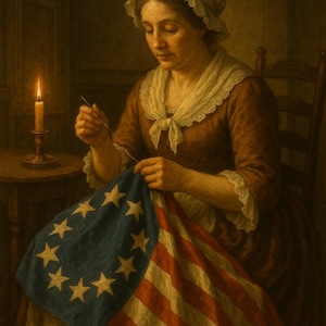 Betsy Ross Sewing the First American Flag Art Print – Vintage Patriotic Digital Download, Colonial Heritage Wall Decor, Revolutionary War