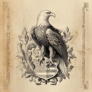 Pode incluir: Uma ilustração em preto e branco de uma águia careca empoleirada em um escudo com um design de bandeira estrelada. A águia é cercada por folhagem ornamentada.