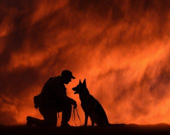 Military K9 Sunset Silhouette Art Print: Veteran Tribute (Digital Download)