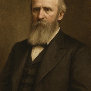 Op de afbeelding: Een sepia-getint portret van een man in een donker pak, vest en vlinderdas. Hij heeft een lange, witte baard en een serieuze uitdrukking. Het schilderij is een halve lengte weergave, met de schouders en borst van het onderwerp zichtbaar.