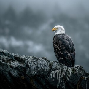 Descarga digital de una majestuosa águila calva en un acantilado rocoso: arte mural patriótico de vida silvestre, águila americana imprimible, fotografía de aves naturales
