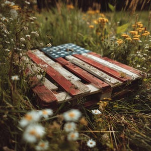 May include: A wooden pallet painted with the American flag colors, red, white, and blue, lying in a field of green grass and white flowers.