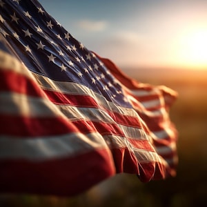 Waving American Flag Digital Download – Patriotic Wall Art, USA Flag Print, 4th of July Decor, Rustic Americana, Sunset Flag Photography